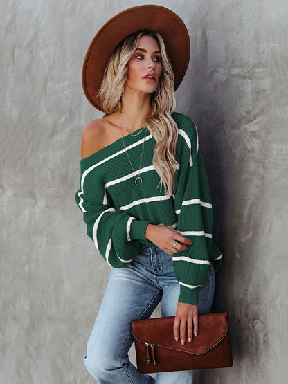 flowersverse Long Sleeves Striped Off-The-Shoulder Sweater Tops