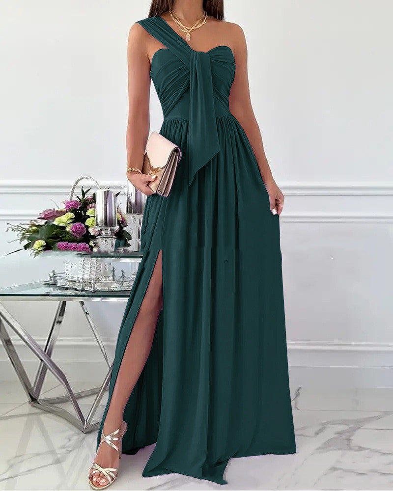 flowersverse Solid Color Sleeveless Pleated Chiffon Long Dress Slim Fit