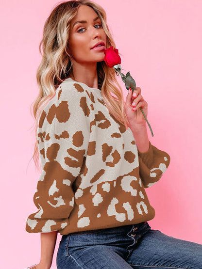 flowersverse Urban Puff Sleeves Leopard Two-Tone Round-Neck Sweater Tops