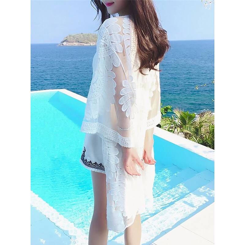 flowersverse Women's Cover Up Beach Dress Beach Wear Mini Dress Crochet Casual Floral Open Front 3/4 Length Sleeve Loose Fit Outdoor Daily White  Spring Summer One Size