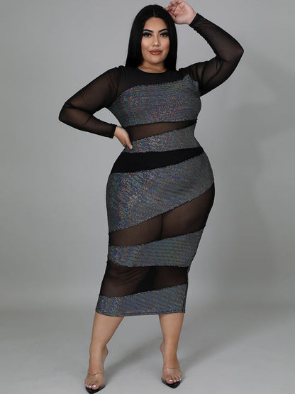 flowersverse Plus Size  Long Sleeve Skinny Midi Dress