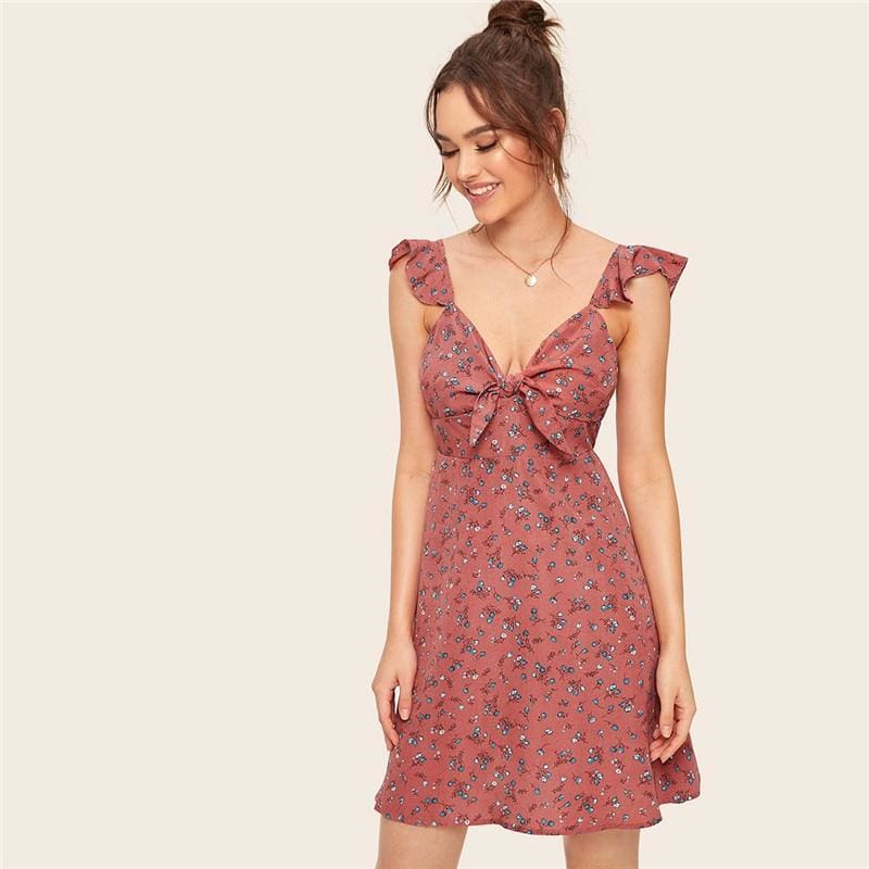 flowersverse Boho Ditsy Floral Knot Neck Ruffle Trim Summer Dress