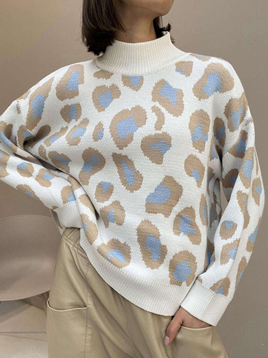 flowersverse Leopard Long Sleeves Loose Mock Neck Sweater Tops Pullovers