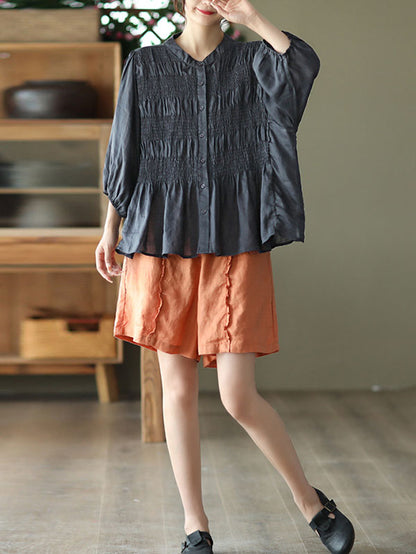 flowersverse Pleated Solid Color Split-Joint Loose Three-Quarter Sleeves Stand Collar Blouses&Shirts Tops