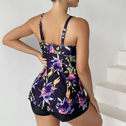 flowersverse Women's Swimwear Tankini 2 Piece Plus Size Swimsuit Open Back Printing High Waisted Floral Blue Purple Yellow Red Camisole Strap Bathing Suits New Vacation Fashion