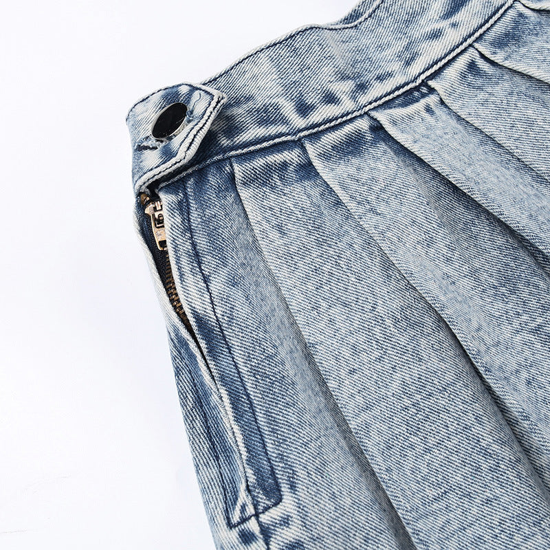 flowersverse Women High Waist Pleated Denim Skirt