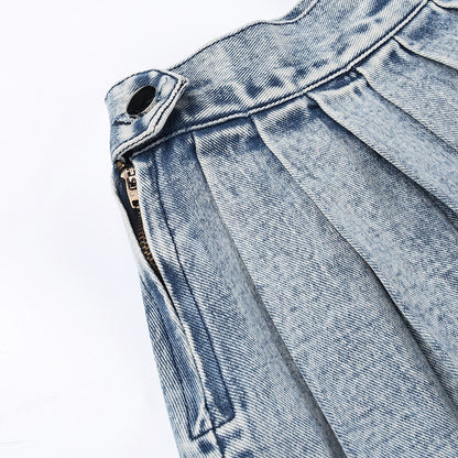 flowersverse Women High Waist Pleated Denim Skirt