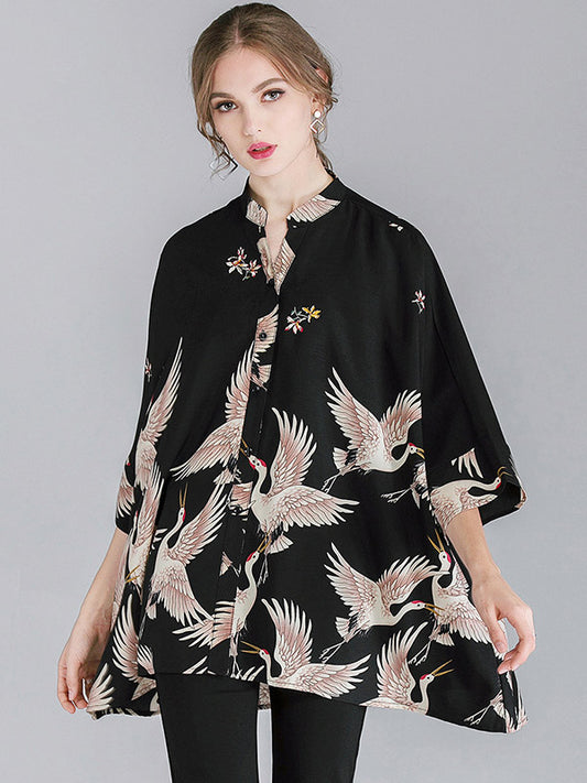 flowersverse Original Crane Printed Buttoned Stand Collar Half Sleeves Blouse