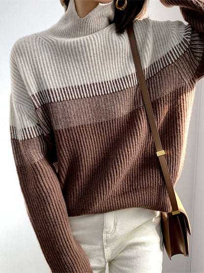 flowersverse Casual Loose Long Sleeves Striped High-Neck Sweater Tops