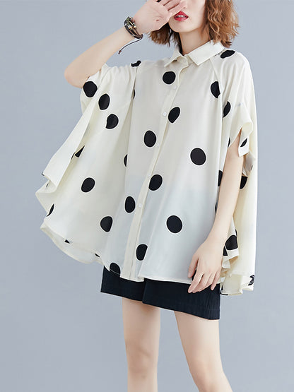 flowersverse Polka-Dot Batwing Sleeves Loose Lapel Blouses&shirts Tops