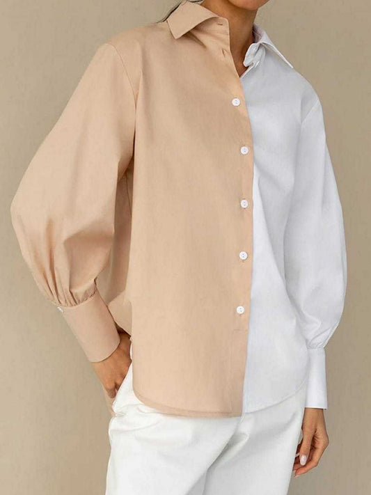 flowersverse Buttoned Contrast Color Long Sleeves Loose Lapel Blouses&Shirts Tops