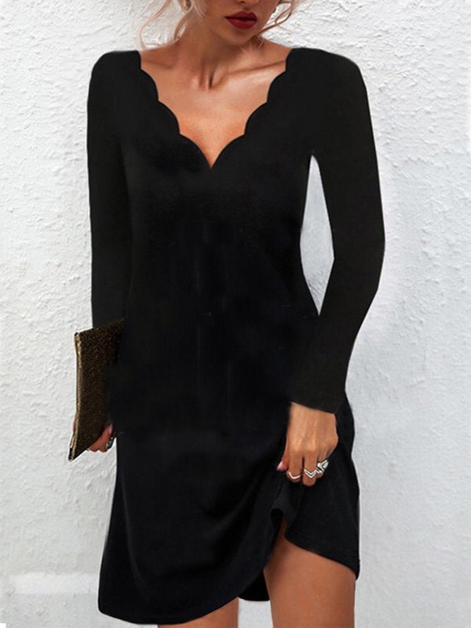 flowersverse Sexy Solid V Neck Long Sleeve A-Line Dresses Black Dresses