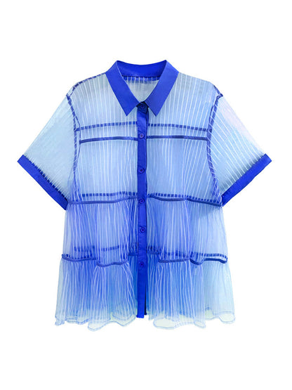 flowersverse Original Short Sleeves Loose Buttoned Mesh Pleated Solid Color Blouses&Shirts Tops