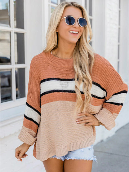 flowersverse Casual Loose Contrast Color Striped Round-Neck Sweater Tops