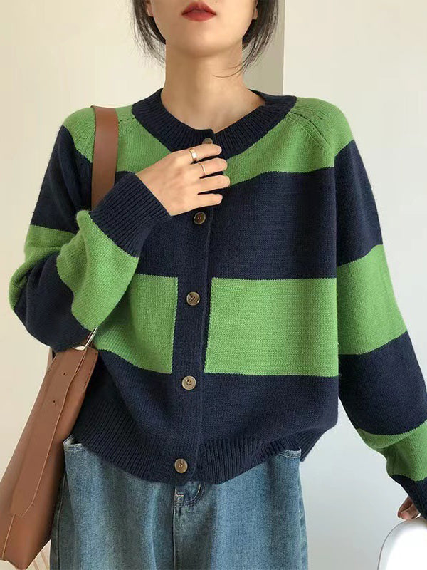 flowersverse Casual Buttoned Contrast Color Striped Cardigan Tops