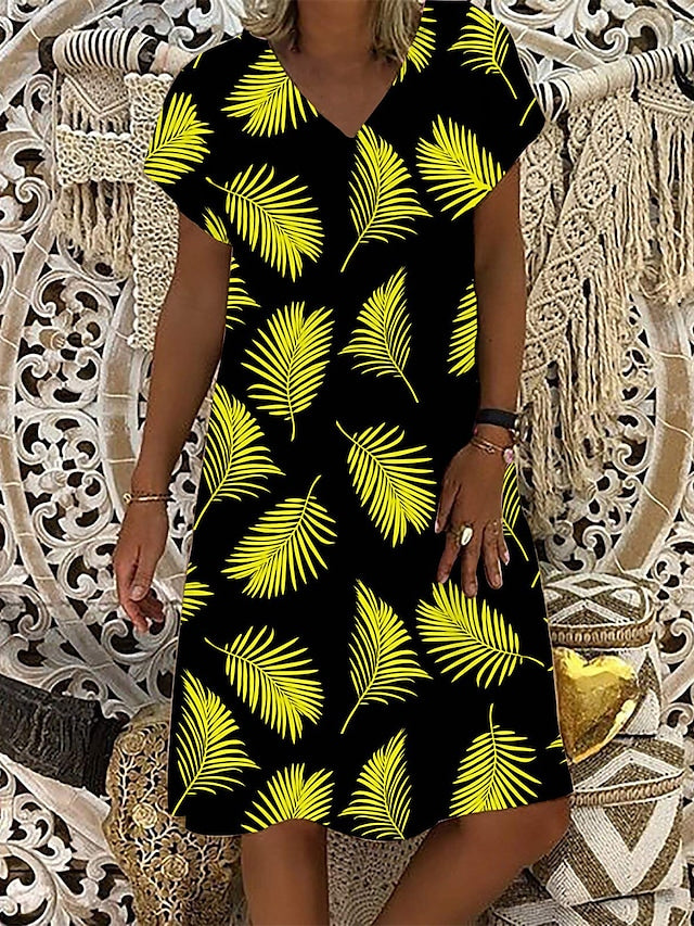 flowersverse Women's Casual Dress Print Dress Loose Dress Floral Print V Neck Midi Dress Active Fashion Outdoor Daily Short Sleeve Regular Fit Black Yellow Blue Spring Summer S M L XL XXL