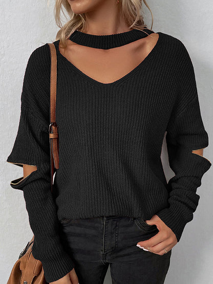 flowersverse Hollow Solid Color Zipper Long Sleeves Loose V-Neck Sweater Tops Pullovers