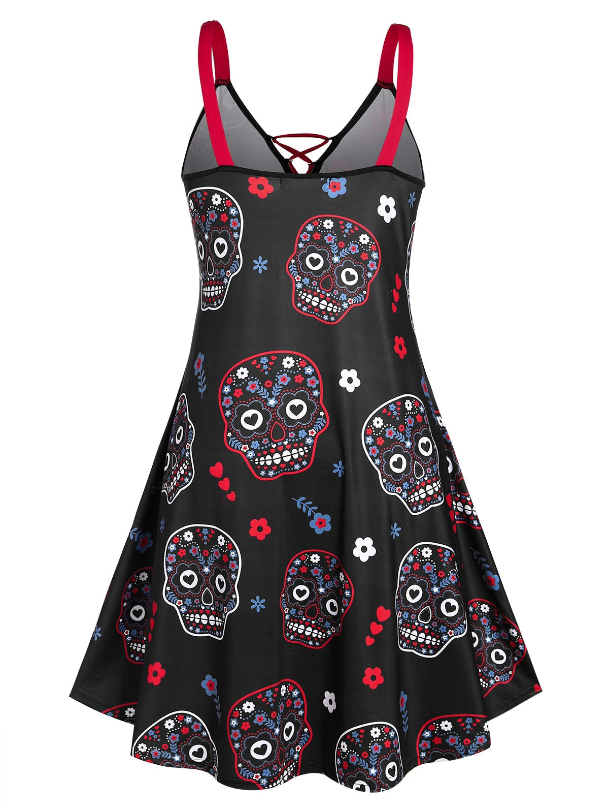 flowersverse Gothic Dress Halloween Plus Size Flower Skull Lace Up Sleeveless Dress Casual Straps A-Line Party Dress Vintage Femme