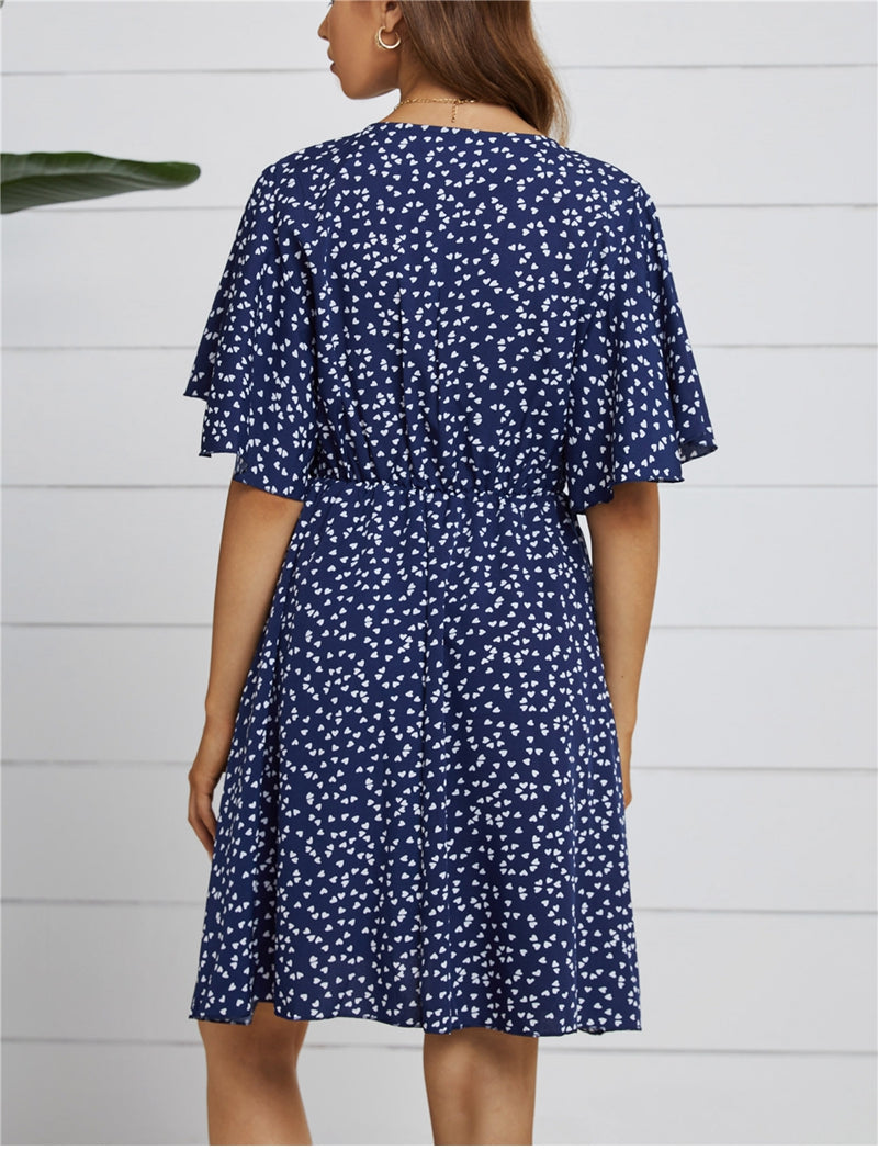 flowersverse Spring Summer Chiffon Dress Women V-Neck Love Dot Print Short Dresses Sweet Ruffle Sleeve Slim Ladies Drawstring Dress