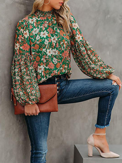 flowersverse Bohemia Loose Puff Sleeves Floral Printed Shirt Top