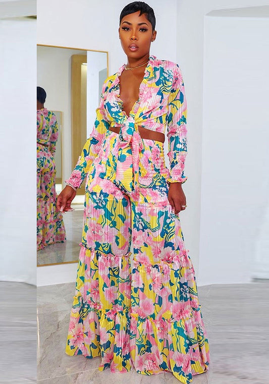 flowersverse Sexy Printed Pleated Long Sleeve Lace-Up Top Wide Leg Pants Plus Size Two-Piece Set