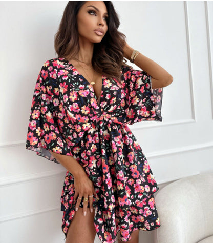 flowersverse Women's Floral Print Deep V Waist Trimming Dresses