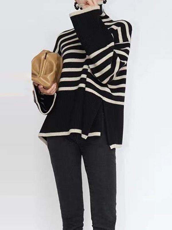 flowersverse Contrast Color Split-Joint Split-Side Striped Long Sleeves Loose High Neck Sweater Tops