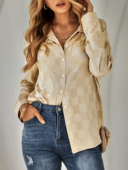 flowersverse Buttoned Plaid Long Sleeves Loose Lapel Blouses&shirts Tops