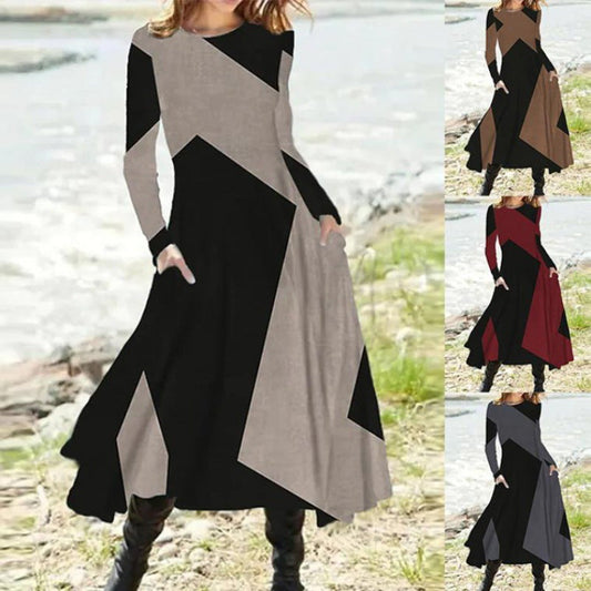 flowersverse Women's Round Neck Casual Ethnic Retro Fashion Long Sleeve Oversized Swing Dress