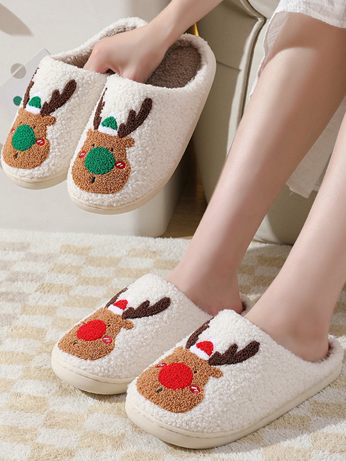 flowersverse Christmas Elk Warm Furry Slippers