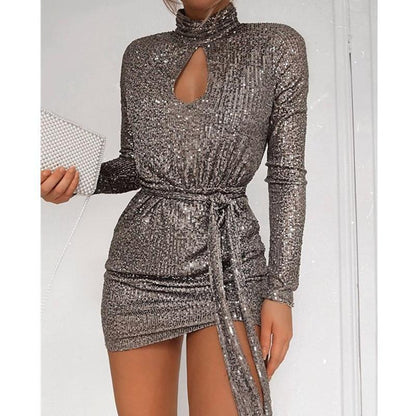 flowersverse Women Sequined Keyhole Tie Waist Dress Club Wear Party Mini Dress Asymmetric Sexy Bodycon Mini Vestidos