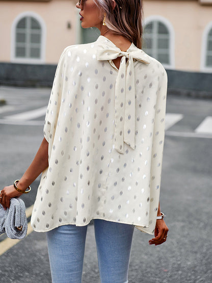 flowersverse Bandage Polka Dot Loose Round-Neck Blouses&Shirts Tops