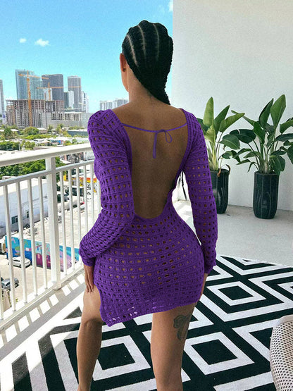 flowersverse Long Sleeve Ribbed Knit Bodycon Hollow Out MIni Dresses