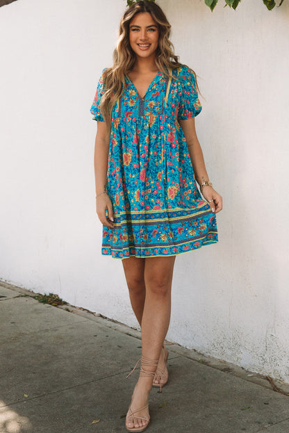 flowersverse Blue Floral Print Empire Waist Flowy Dress