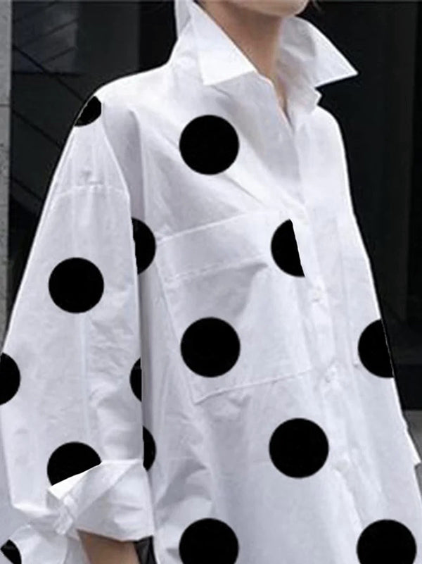 flowersverse Fashion Buttoned High-Low Polka-Dot Split-Side Lapel Long Sleeves Blouse