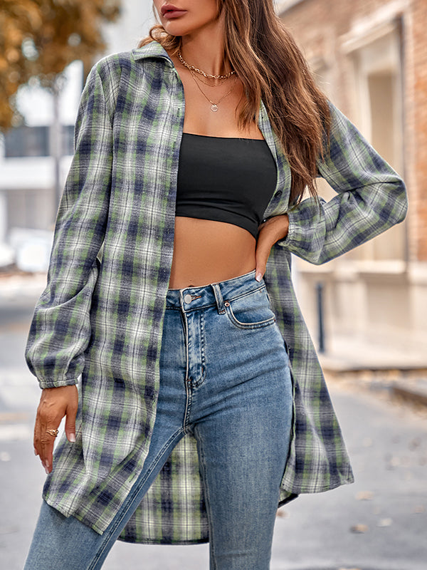 flowersverse Plaid Loose Wrap Lapel Blouses&shirts Tops