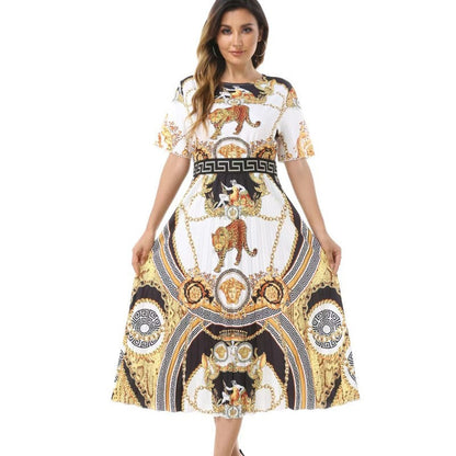 flowersverse Plus Size Fashion Literary Style Printing Commuter High Waist Pleated Dress