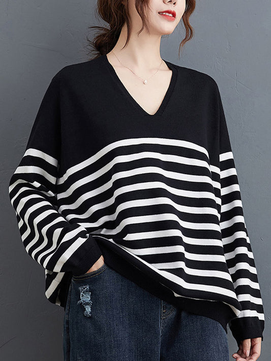 flowersverse Artistic Retro Casual Loose Striped V-Neck Long Sleeves Knitted Sweater