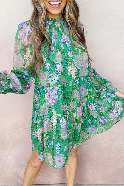 flowersverse Floral Print Lantern Sleeve Dress