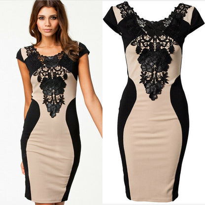 flowersverse Women Round Neck Lace Package Hip Dress Backless Bodycon Mini Dress