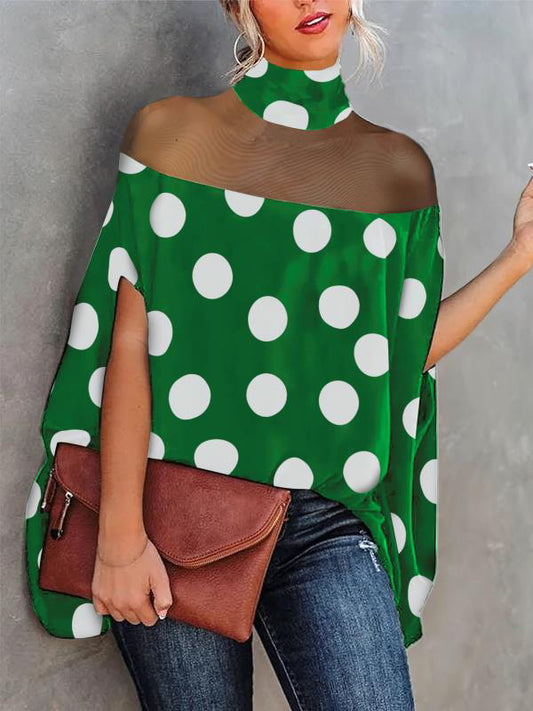 flowersverse Trendy Batwing Sleeves Polka-Dot See-Through High-Neck Blouses&Shirts Tops