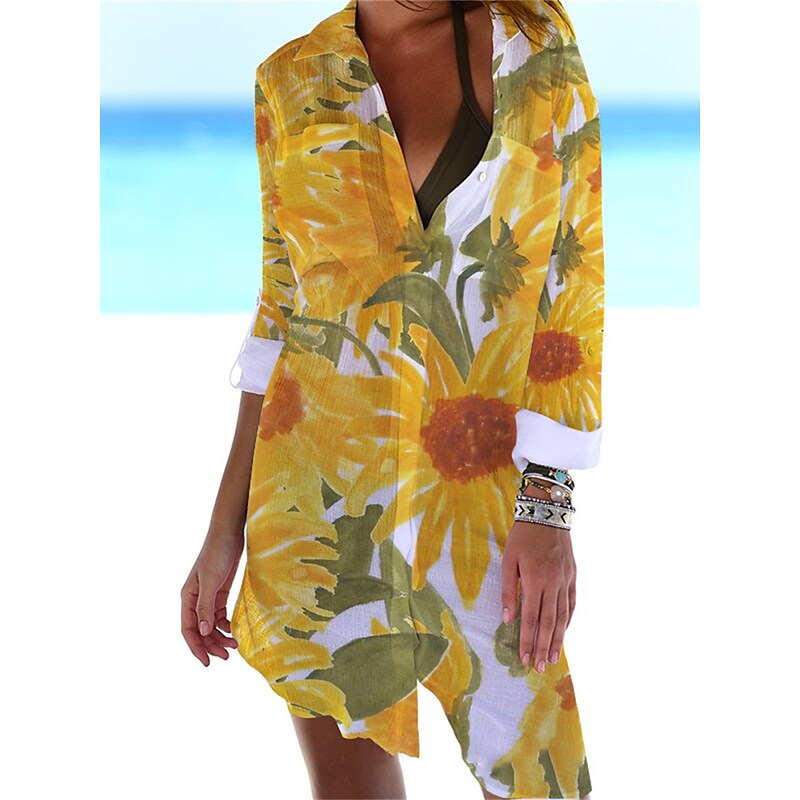 flowersverse Women's Shirt Dress Cover Up Beach Wear Mini Dress Print Fashion Casual Floral V Neck Long Sleeve Loose Fit Outdoor Daily Black White  Spring Summer S M L XL