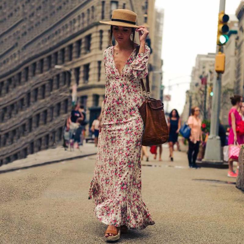 flowersverse Bohemian Printed long Dress Women Floral Printed Maxi Dresses Hippe Deep V-Neck Ruffle Dress Chic Boho Clothing Rome Femme