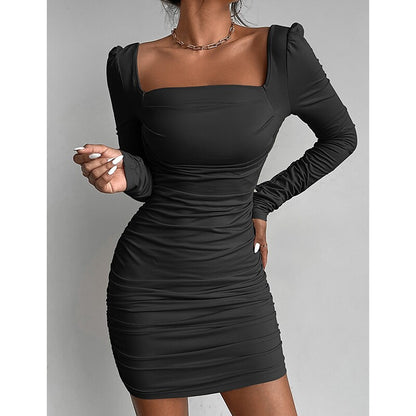 flowersverse Women's Casual Dress Bodycon Sheath Dress Mini Dress Black Light Brown Brown Long Sleeve Pure Color Ruched Winter Fall Spring Square Neck Fashion Weekend Slim  XS S M L