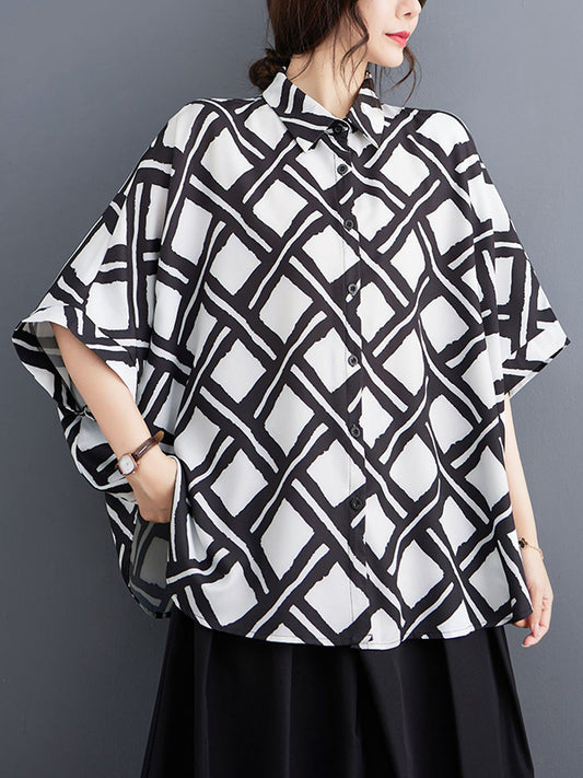 flowersverse Buttoned Plaid Batwing Sleeves Half Sleeves Lapel Collar Blouses&Shirts Tops
