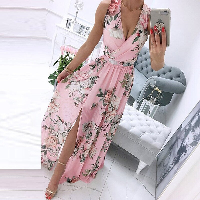 flowersverse Women's Swing Dress Maxi long Dress Blue White Pink Sleeveless Floral Print Split Print Spring Summer V Neck Elegant Vacation  S M L XL XXL