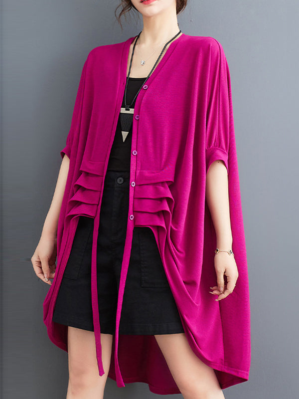 flowersverse Drawstring Solid Color Half Sleeves Irregular Clipping V-Neck Outerwear