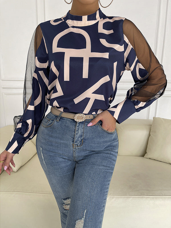 flowersverse Buttoned Hollow Letter Print See-Through Split-Joint Long Sleeves Round-neck Shirts Tops Blouses&shirts Tops