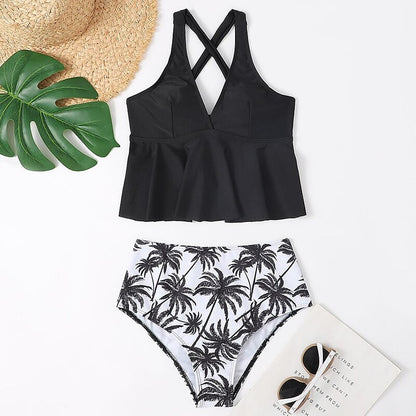 flowersverse Women's Swimwear Tankini 2 Piece Normal Swimsuit 2 Piece Palm Tree Black Blue Tank Top Bathing Suits Sports Summer