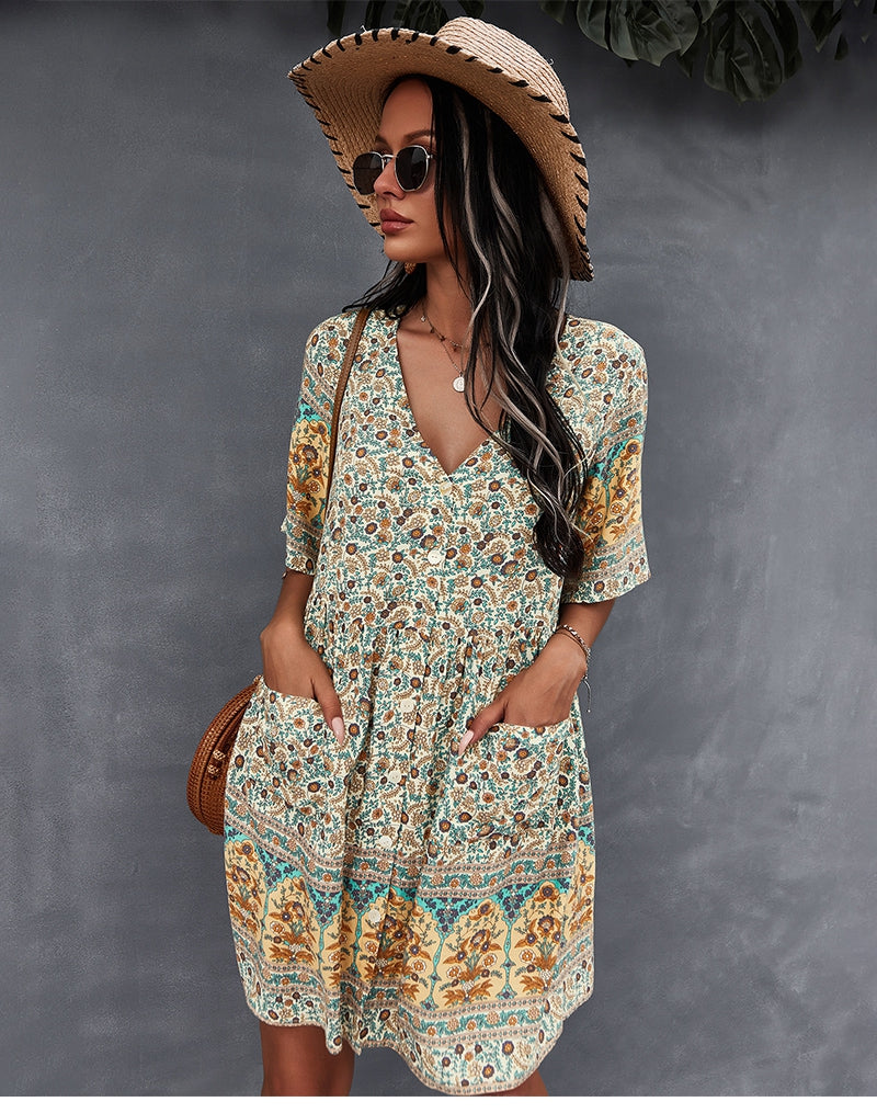 flowersverse Floral Print Summer Short Dress Women Casual V Neck Bohemian Short Sleeve Dress For Woman Fashion Sexy Spring Dress